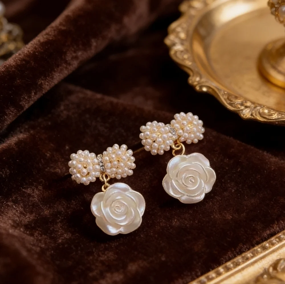 Faux Pearl Cluster Stud & Carved Rose Drop Earrings Romantic Floral